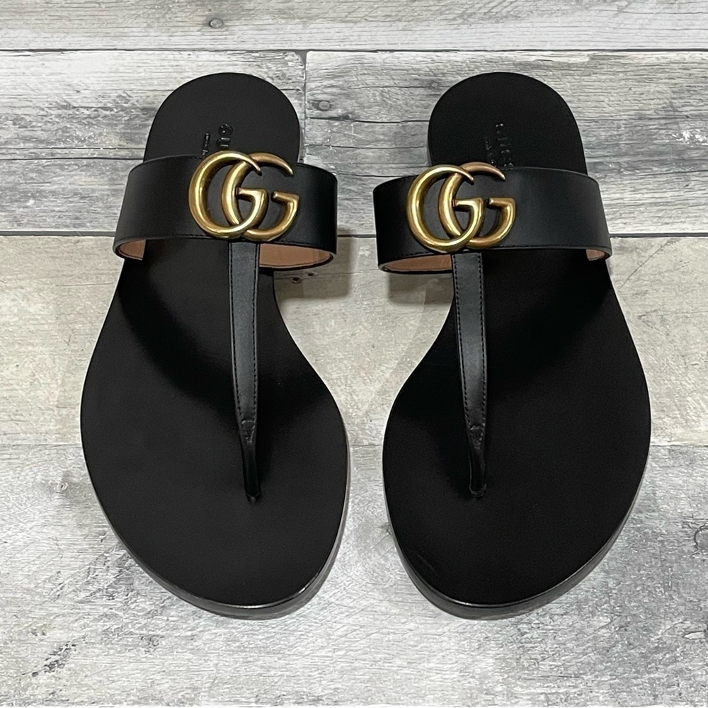 Gucci Leather thong sandal with Double G - Black - Sz - 7.5 US / 37.5 EU